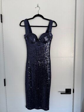 Boohoo Night Kimmie Sequin Fitted Cups Midi Dress Navy US 4 NWT